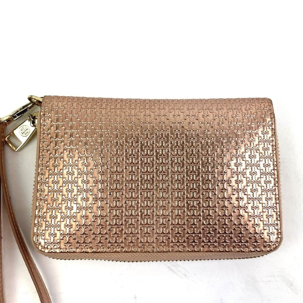 Tory Burch Wallet Rose Gold Metallic Leather Zip Around Wristlet Clutch